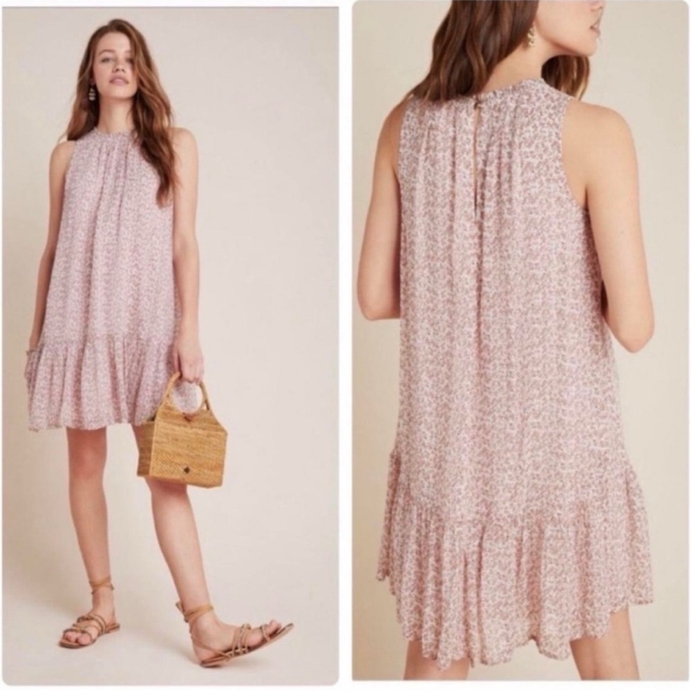 NWOT Anthropologie Natalie Flounced Dress Large Neutral Motif Ditzy Floral Print